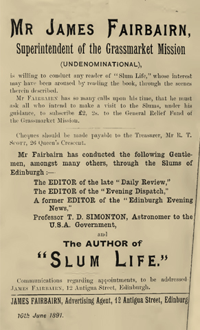 Advertisement from the book "Slum Life in Edinburgh", published in 1890 by James Thin